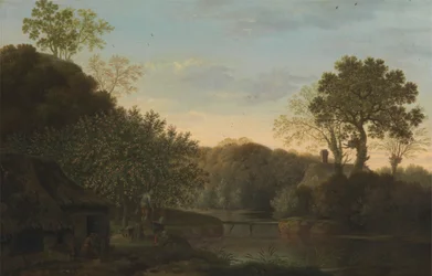 Eine Herbstlandschaft mit Apfelpflückern