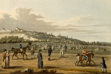 Überprüfung der englischen Truppen in Montmartre durch den Herzog von Wellington, 21. Oktober 1815, graviert von M. Dubourg, 1817