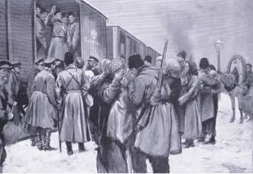Abreise russischer Truppen in den Fernen Osten, Illustration aus Cassells Geschichte des Russisch-Japanischen Krieges Band 1, ca. 1900