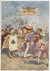 Die Grinsekatze beobachtet Alice und den Spielkarten-Henker, mit anderen