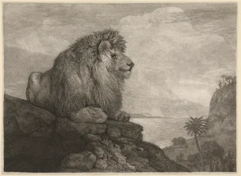 Ein Löwe (Ein Löwe ruht auf einem Felsen) graviert vom Künstler