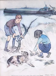 Bill hackte das Holz, während Vicky es zu Bündeln band, aus Mudlarks veröffentlicht von Collins