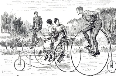 Eine Karikatur, die eine Gruppe junger Leute zeigt, die Dreiräder fahren. Illustriert von George du Maurier (1834-1896), ein franco-britischer Karikaturist und Autor