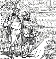 Karikatur, die einen Gentleman mit dem Gärtner im Gemüsegarten zeigt