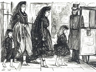 Karikatur, die Menschen zeigt, die natürliche Schuhe tragen, um deformierte Füße zu vermeiden