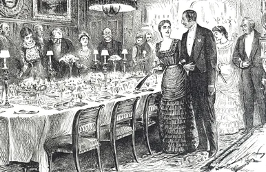 Karikatur mit dem Titel "Zum Abendessen gehen" zeigt ein junges Paar, das einen Speisesaal betritt