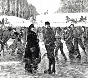 Gravur, die ein mittelaltes Paar beim Eislaufen zeigt