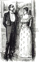 Georges du Maurier Karikatur, die einen Mann und eine Frau im Gespräch bei einer gesellschaftlichen Veranstaltung zeigt, England 1891
