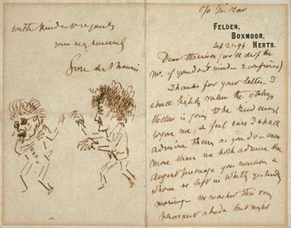 Brief mit Zeichnung von Whistler, der Du Maurier bedroht