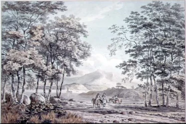 Landschaft mit Fluss und Figuren