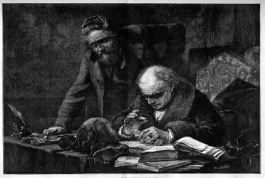 Ein Ägyptologe studiert ein archäologisches Stück aus Ägypten in seinem Büro. Gravur von Baude nach einem Gemälde von Moreau de Tours. Gravur in "Le Monde Illustré"