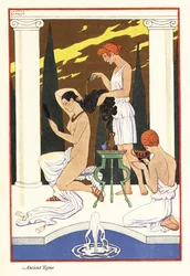 Eine Sklavin gießt ihrer Herrin duftendes Öl auf das Haar, antikes Rom, 1928