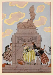 Mandoline. Menschen stehen um ein Denkmal. Eine Frau hält einen Sonnenschirm. Bedeutende Wolken.