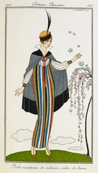 Kleiner Samtmantel, Linonkleid. Eine Frau trägt einen kleinen Samtumhang mit einem gestreiften Leinenkleid, orangefarbene T-Riemen-Schuhe und einen mit Schwarz und Rot verzierten Hut. Costumes Parisiens.
