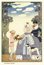 Königin Elisabeth wäscht ihre Hände in einer Schüssel, die von ihrem Pagen gehalten wird. 1928 (Druck)