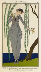 Robe de taffetas gris à col et manchettes de linon et gilet de satin à boutons d