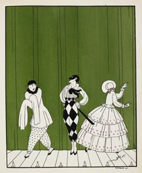 Drei Charaktere aus dem Ballett von 1910, Carnaval, komponiert von Robert Schumann. Links ein Pantomime. In der Mitte ein Mann, gekleidet in ein weißes Hemd mit schwarzer Krawatte und karierten Hosen, mit einer Maske. Rechts eine Frau, die rückwärts schaut