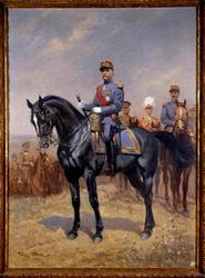 Erster Weltkrieg: „Reiterporträt von Ferdinand Foch (1851-1929), Marschall von Frankreich“ Hinter ihm, Douglas Haig, Armando Diaz und Maxime Weygang. Gemälde von Georges Bertin Scott (1873-1942) genannt Scott de Plagnolles 1930