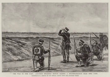 Der Krieg im Osten, japanische Infanteriespäher bei einer Aufklärung in der Nähe von Ping Yang