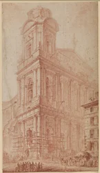 Die Fassade von S. Sulpice kurz vor der Fertigstellung - rechts ein Wagen vor einem nicht mehr existierenden Haus; im Vordergrund Zuschauer