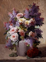 Stillleben mit Rosen und Flieder