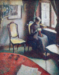 Frau, die am Fenster näht