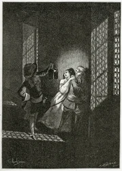 Die Liebenden Ethel und Ordener werden von Leutnant d’Alpheld gefangen - Illustration aus Han d’Islande, 19. Jahrhundert