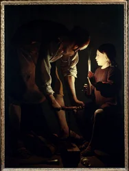 Heiliger Josef Zimmermann Jesuskind hält eine Kerze, um seinen Vater Josef bei der Arbeit zu beleuchten