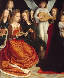Die Jungfrau unter den Heiligen. Detail von Heiligen: Heilige Dorothee, Heilige Katharina, Heilige Agnes, Heilige Fausta