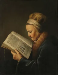 Alte Frau beim Lesen eines Lektionars: das sogenannte Porträt von Rembrandts Mutter Neeltgen Willemsdr van Zuijdtbroeck (gest. 1640)