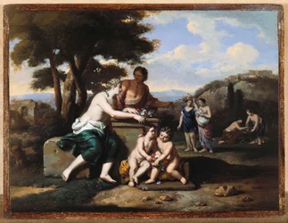 Nymphen sammeln Blumen in einer Landschaft
