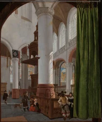 Innenraum der Oude Kerk in Delft, mit einer Trompe-l’Oeil-Vorhang
