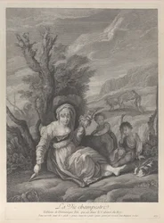 Eine Landfrau sitzt in einer Landschaft mit zwei Jungen an ihrer Seite, 1729-40