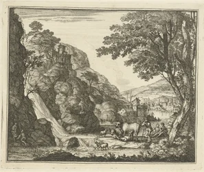 Hirte mit Tieren bei einem Wasserfall