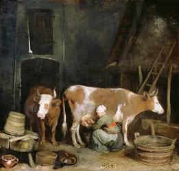 Eine Magd melkt eine Kuh in einer Scheune, 1652-1654
