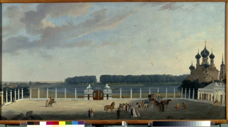 Die Aussicht von den Fenstern des Ostankino-Palastes (Moskau). Gemälde von Gerard de la Barthe (aktiv 1787-1810), ca. 1790. Französische Kunst des 18. Jahrhunderts. Staatliches Russisches Museum, Sankt Petersburg