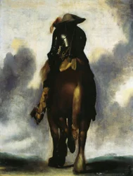 Mann zu Pferd, von hinten gesehen