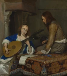 Eine Frau spielt die Theorbo-Laute und ein Kavalier