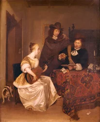 Eine junge Frau spielt Theorbo für zwei Männer, 1667-68