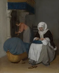 Frau näht neben einer Wiege, um 1656