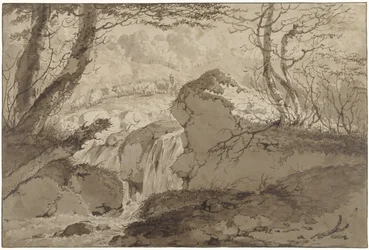 Berglandschaft mit Wasserfall zwischen Bäumen, entlang dem ein Schäfer seine Herde führt