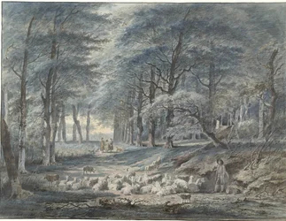 Waldansicht mit einem Hirten und Schafen und drei Figuren