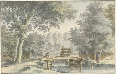 Landschaft mit einer Brücke, auf der ein Angler steht