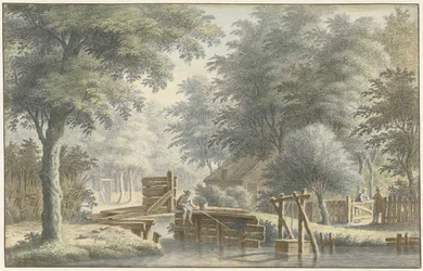 Landschaft mit einer Brücke, auf der ein Angler steht