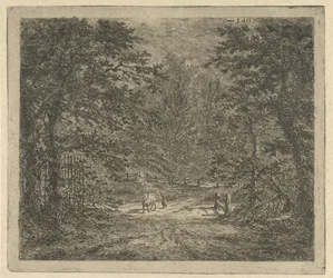 Hirtin mit Kuh im Wald