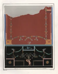 Wandgemälde aus einem Atrium im Haus des Tryptolemus, Chromolithographie von Victor Steeger nach einer Illustration von Geremia Discanno aus Emile Presuhn 