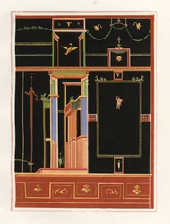 Wandmalerei aus einem nicht identifizierten Gebäude in Pompeji. Chromolithographie von Victor Steeger nach einer Illustration von Geremia Discanno aus Emile Presuhn (1844-1878) Die schönsten Gemälde von Pompeji, Leipzig