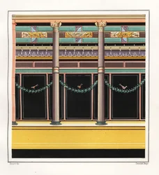 Wandmalerei aus einem Raum im Haus der Epigramme (Chromolithographie von Victor Steeger nach einer Illustration von Geremia Discanno aus Emile Presuhn 