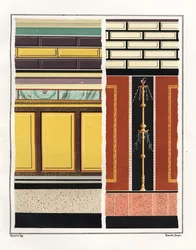 Wandmalereien aus Räumen im Haus der Epigramme. V, Ins. 1, Nr. 18. Links ein Wandbild aus einem Atrium, rechts ein Wandbild aus einem Vorzimmer. Chromolithographie von Victor Steeger nach einer Illustration von Geremia Discanno aus Emile Presuhn (1844