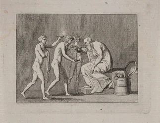 Allegorie mit drei Jünglingen und einem alten Mann in antiker Tracht